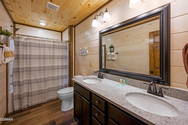 bathroom featuring toilet, wood ceiling, vanity, wooden walls, and hardwood / wood-style flooring