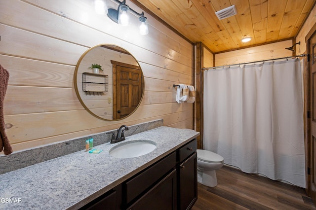 bathroom with hardwood / wood-style floors, wood walls, vanity, wood ceiling, and toilet