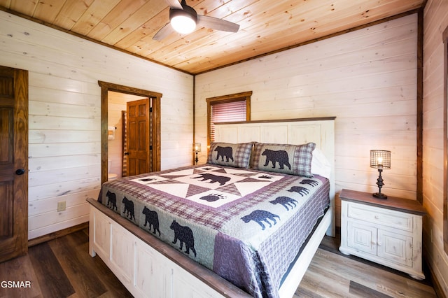 bedroom with hardwood / wood-style floors, wooden ceiling, and wooden walls