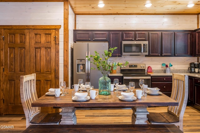 kitchen with wood ceiling, appliances with stainless steel finishes, wooden walls, and light hardwood / wood-style floors