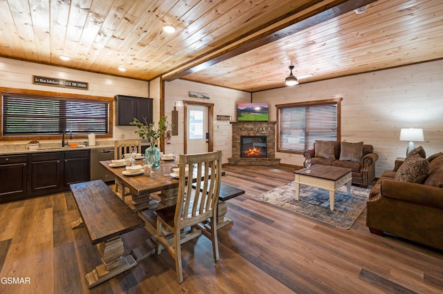 dining area with wood ceiling, sink, a fireplace, and hardwood / wood-style floors