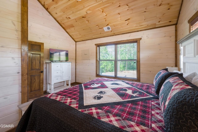 bedroom with vaulted ceiling, wooden ceiling, and wood walls