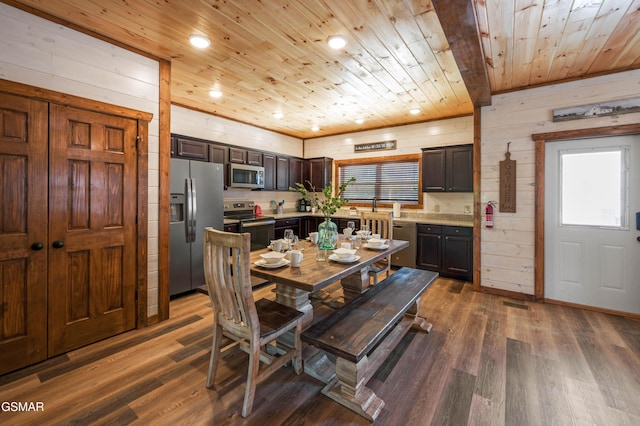 dining area featuring dark hardwood / wood-style flooring, wood ceiling, and wooden walls