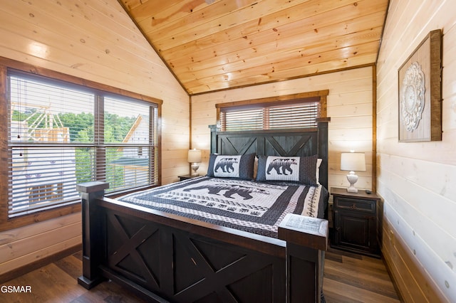 bedroom with dark hardwood / wood-style flooring, vaulted ceiling, wooden ceiling, and wood walls