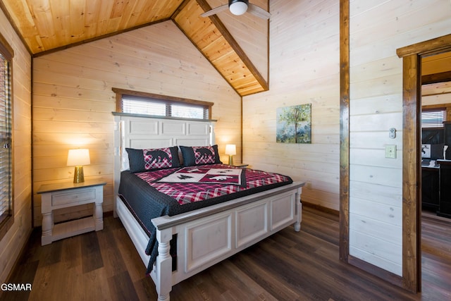 bedroom with wood ceiling, vaulted ceiling, dark hardwood / wood-style floors, and wood walls