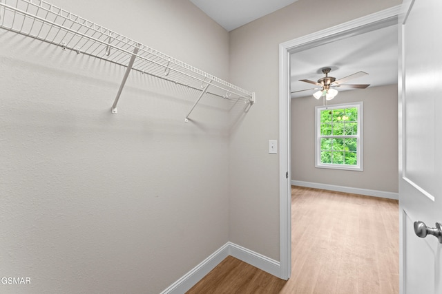 walk in closet with wood finished floors and a ceiling fan