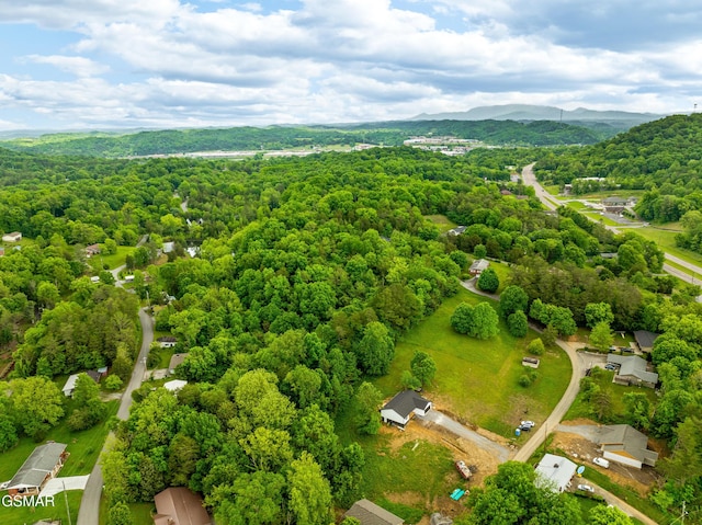 aerial view of a heavily wooded area and mountains
