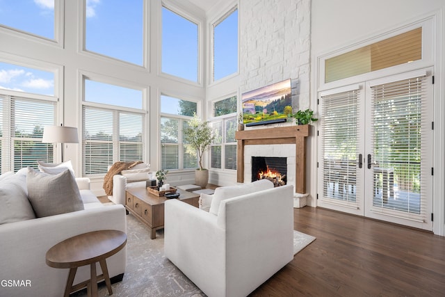 living room featuring a fireplace, a high ceiling, and dark wood-type flooring