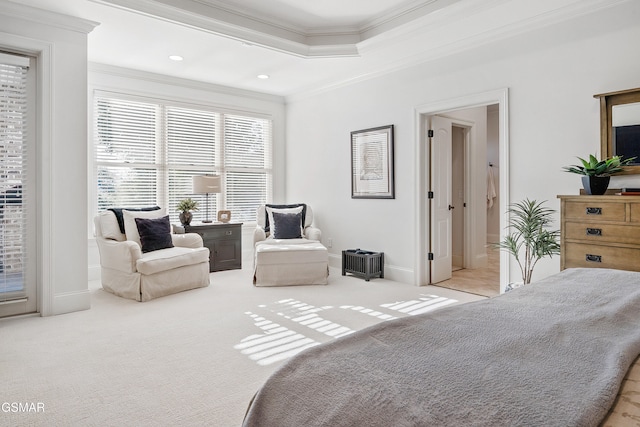 bedroom featuring a raised ceiling, access to exterior, light carpet, and ornamental molding