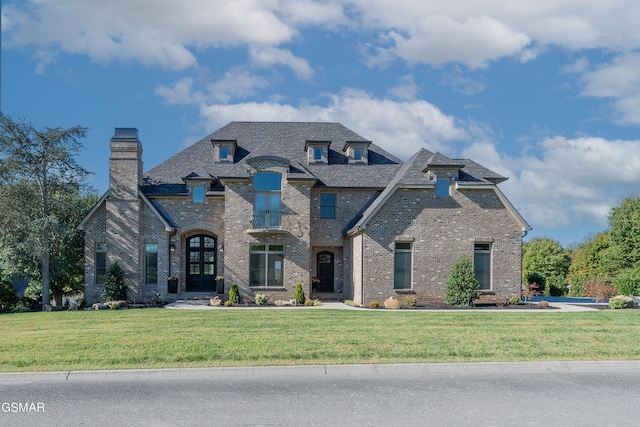 french provincial home with a front lawn