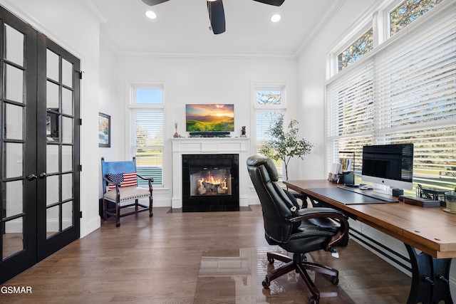 office space featuring crown molding, french doors, ceiling fan, and dark hardwood / wood-style floors