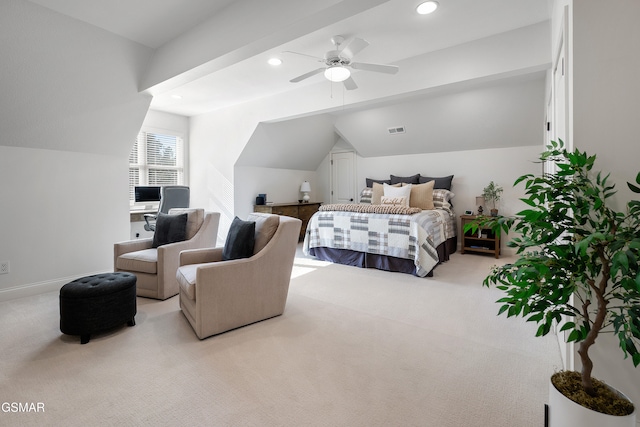 carpeted bedroom featuring ceiling fan and lofted ceiling