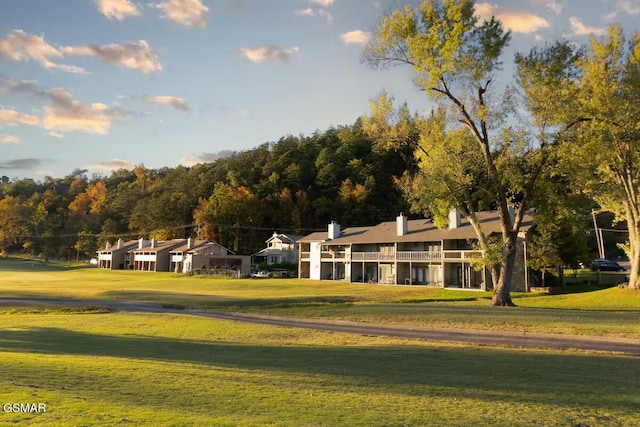 view of property's community with a lawn