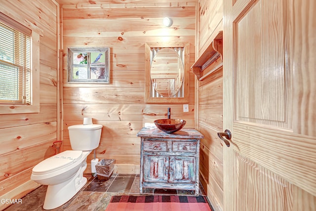 bathroom featuring wood walls, a healthy amount of sunlight, toilet, and vanity