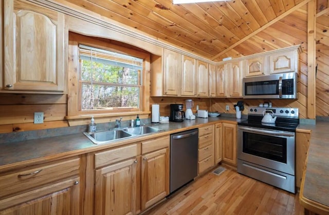 kitchen featuring sink, vaulted ceiling, light wood-type flooring, appliances with stainless steel finishes, and wood ceiling