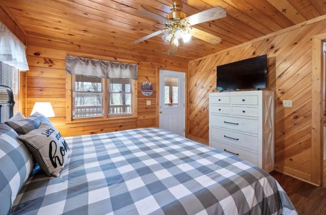 bedroom featuring wooden ceiling and wood walls