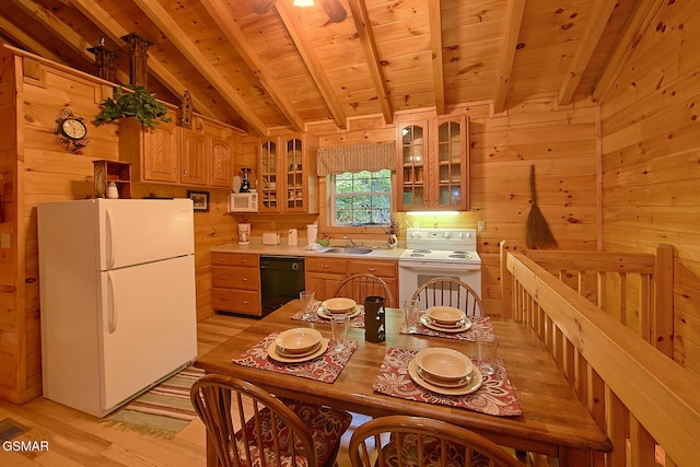 kitchen featuring white appliances, wooden ceiling, a sink, light countertops, and wooden walls