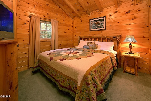 carpeted bedroom featuring wooden walls, wood ceiling, and lofted ceiling with beams