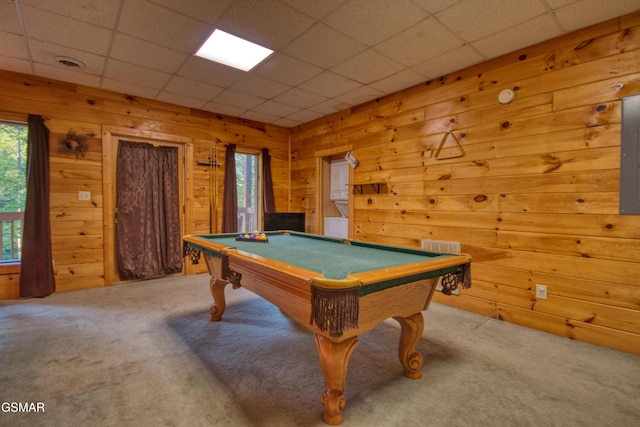 game room featuring visible vents, wood walls, billiards, and carpet