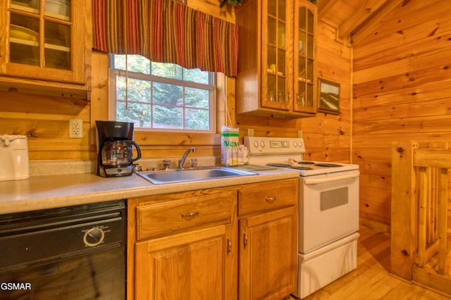 kitchen with glass insert cabinets, dishwasher, a sink, electric stove, and wooden walls