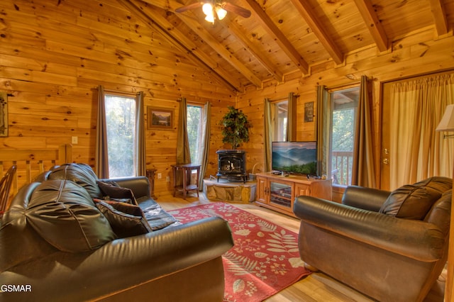 living room featuring light wood-type flooring, lofted ceiling with beams, wood walls, a wood stove, and wooden ceiling