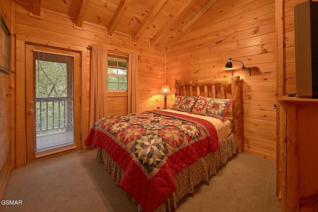 carpeted bedroom featuring wood walls, access to exterior, vaulted ceiling with beams, and wood ceiling