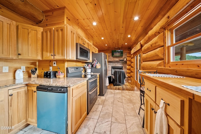 kitchen featuring log walls, wooden ceiling, stainless steel appliances, light stone counters, and a fireplace