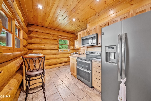 kitchen with sink, log walls, light brown cabinetry, wood ceiling, and appliances with stainless steel finishes