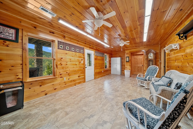 sitting room with wood walls, ceiling fan, and wood ceiling