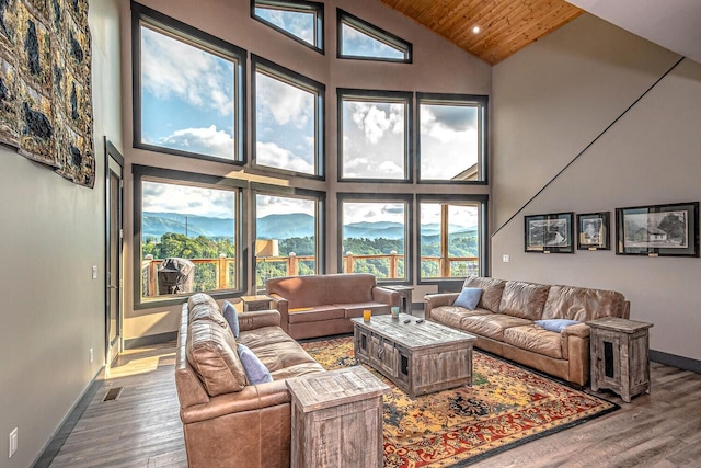 907 Village Loop Rd, Gatlinburg, TN 37738 - living room with a mountain view, hardwood / wood-style flooring, high vaulted ceiling, and wooden ceiling