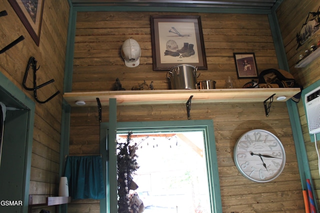 interior details featuring wooden walls