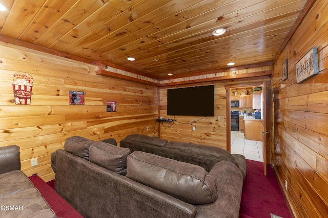 living room featuring carpet, wooden ceiling, and wood walls