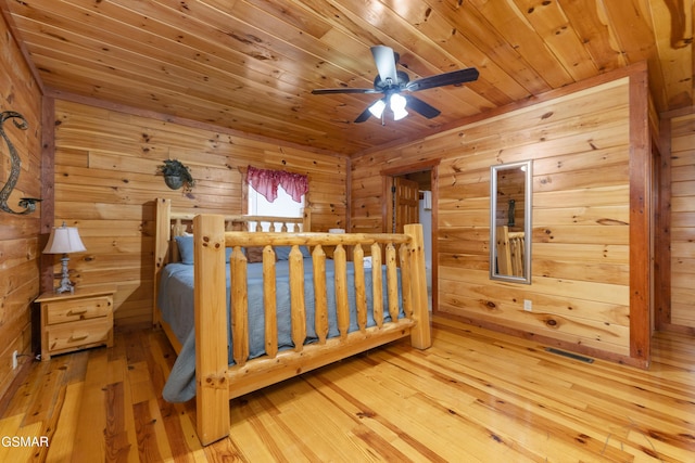 bedroom with ceiling fan, wood-type flooring, wooden ceiling, and wooden walls