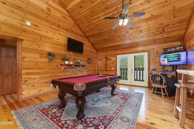 game room featuring french doors, wood ceiling, ceiling fan, light hardwood / wood-style floors, and pool table