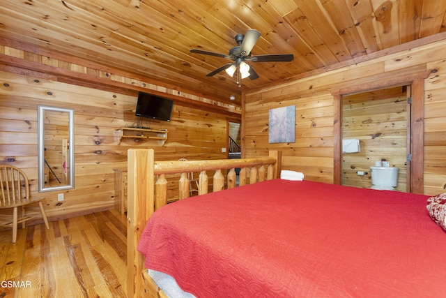 bedroom featuring hardwood / wood-style floors, ceiling fan, wooden walls, and wood ceiling