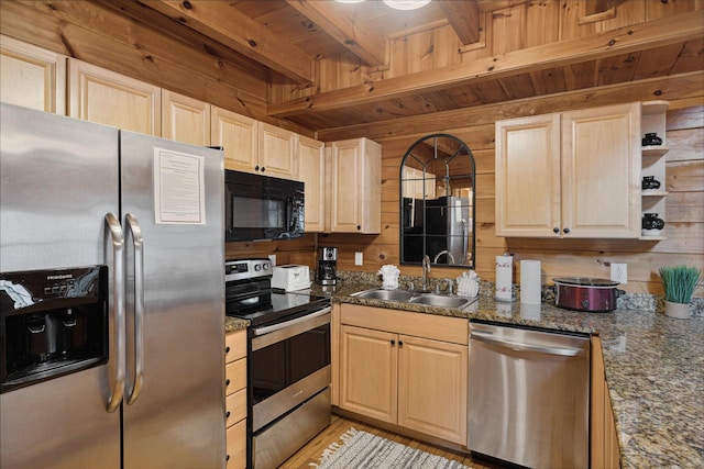 kitchen with sink, stainless steel appliances, beamed ceiling, wood walls, and wood ceiling