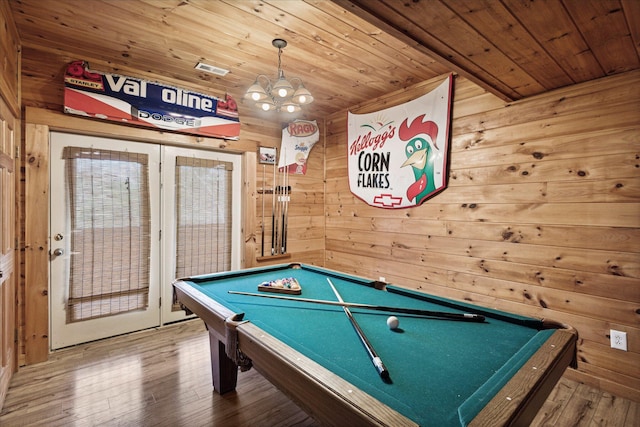 rec room with hardwood / wood-style floors, wooden ceiling, wooden walls, and pool table