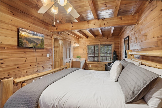 bedroom featuring wooden walls, beamed ceiling, and wood ceiling