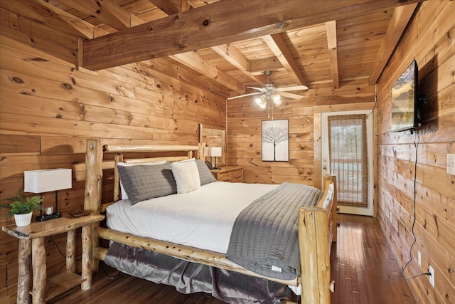 bedroom featuring beam ceiling, wooden walls, dark wood-type flooring, and wooden ceiling