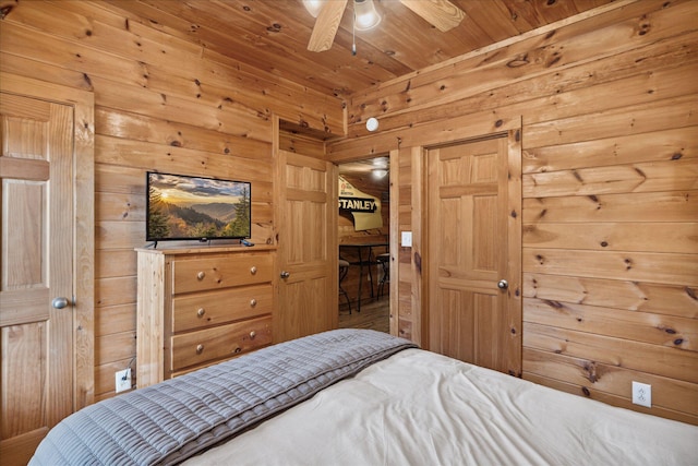 bedroom with ceiling fan and wood ceiling