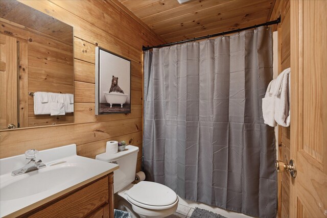 bathroom with vanity, toilet, wood ceiling, and wooden walls