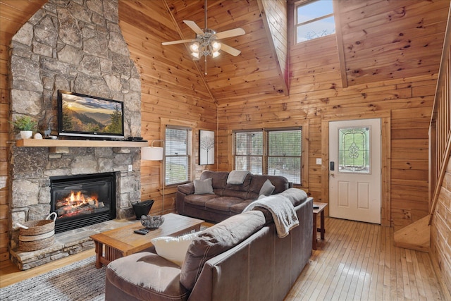 living room featuring wood ceiling, ceiling fan, high vaulted ceiling, a fireplace, and wood walls