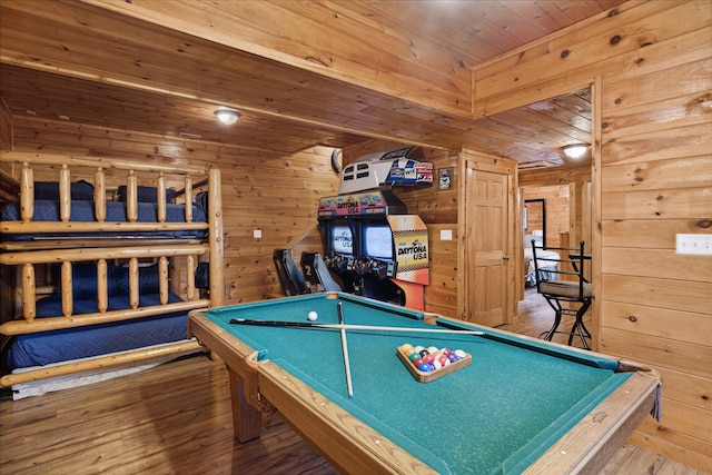 playroom featuring wooden walls, wood ceiling, hardwood / wood-style floors, and billiards