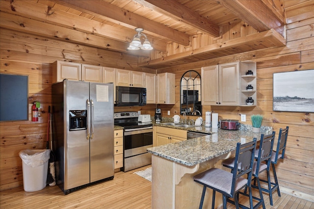 kitchen with kitchen peninsula, dark stone counters, stainless steel appliances, wooden ceiling, and beamed ceiling