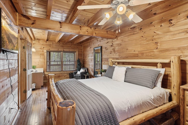 bedroom featuring ceiling fan, beamed ceiling, dark hardwood / wood-style floors, wooden walls, and wood ceiling