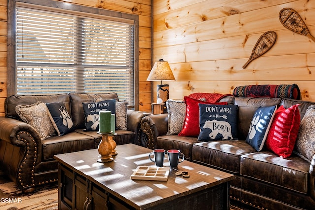 living area with wooden walls