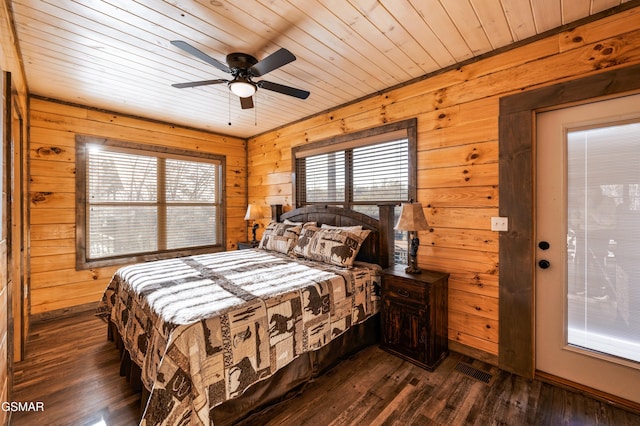 bedroom featuring ceiling fan, dark wood-type flooring, wood walls, and wooden ceiling