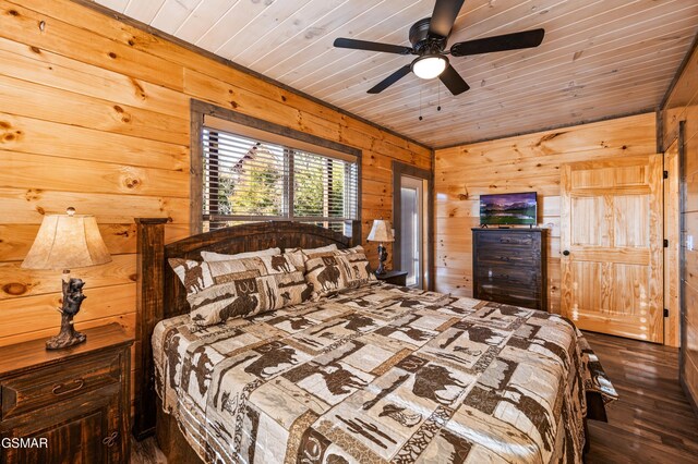 bedroom with wood ceiling, wooden walls, and wood finished floors