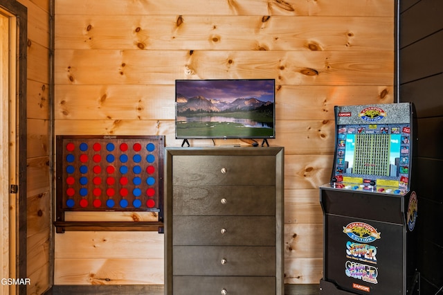 rec room featuring wooden walls