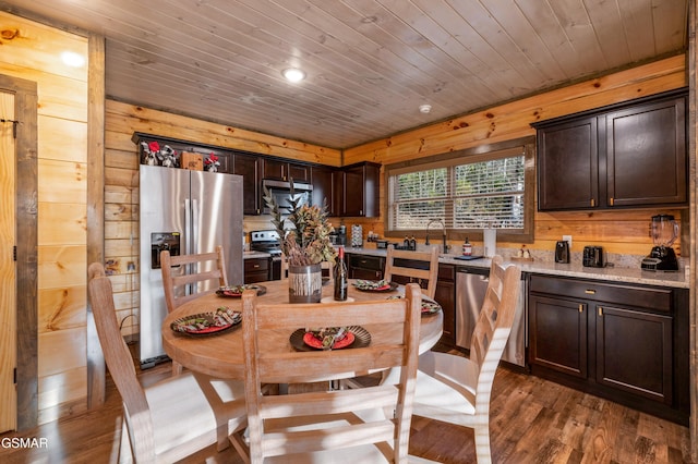 dining space with wood walls, wood finished floors, and wood ceiling